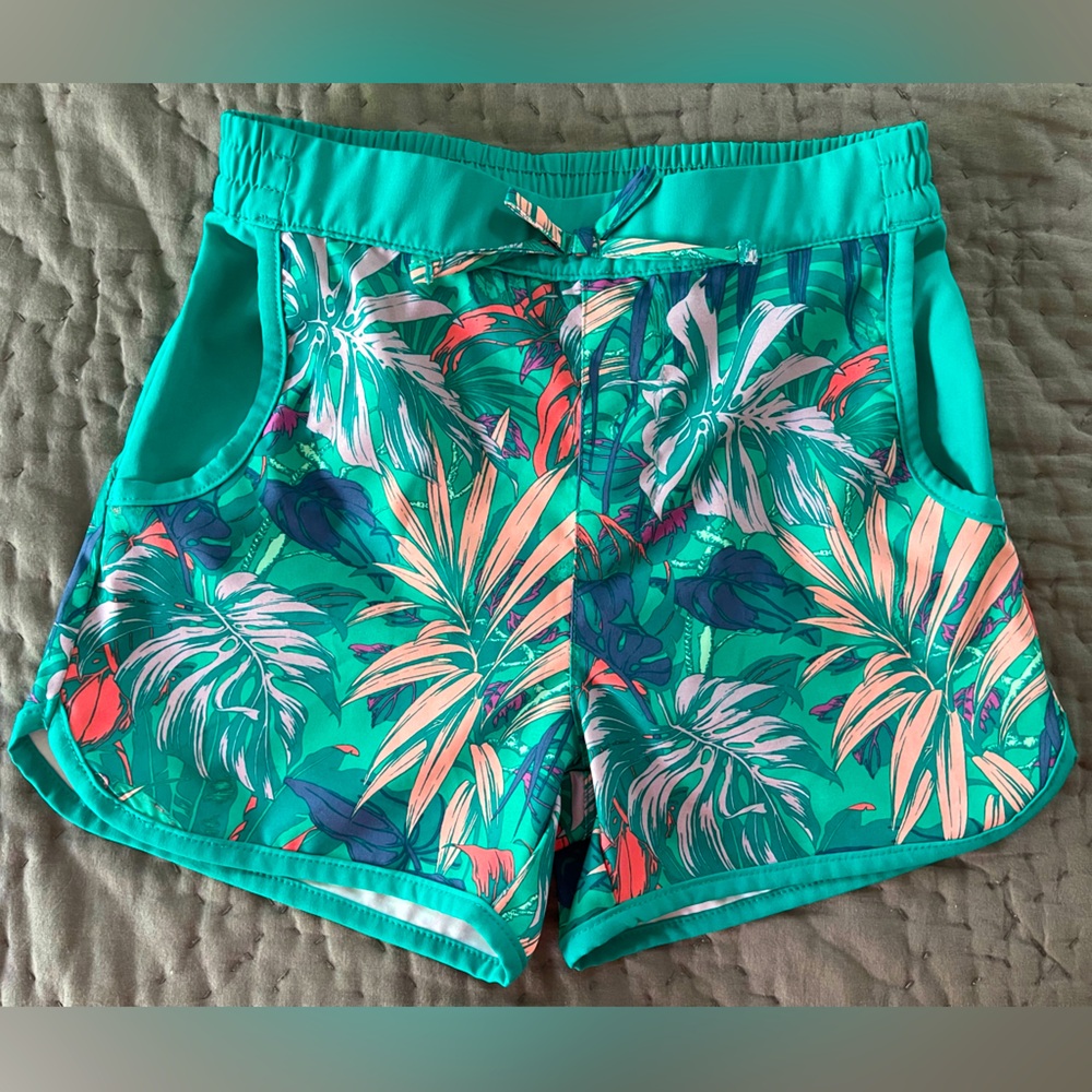 Columbia Girls’ Tropical Print Shorts Teal Botanical Resortwear Size 7/8 Small